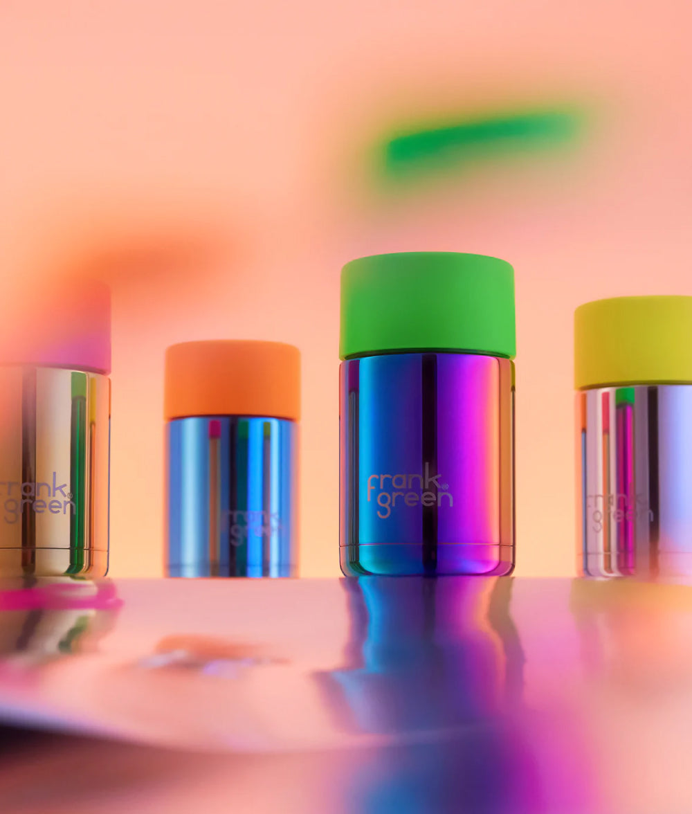 Tan frank green™ 10 oz Chrome Rainbow Ceramic Reusable Coffee Cup With Push Button Lid Neon Green Frank Green