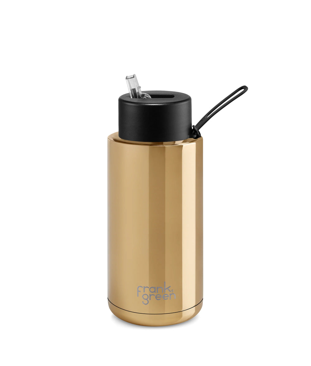 Dark Khaki frank green™ Chrome Gold Ceramic Reusable Bottle With Straw Lid Midnight Frank Green