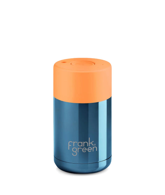 Dark Slate Blue frank green™ Chrome Blue Ceramic Reusable Cup With Push Button Lid Neon Orange Frank Green