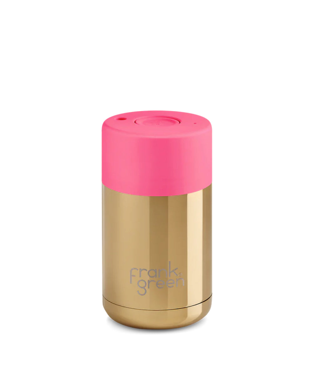 Dark Salmon frank green™ Chrome Gold Ceramic Reusable Cup With Push Button Lid Neon Pink Frank Green