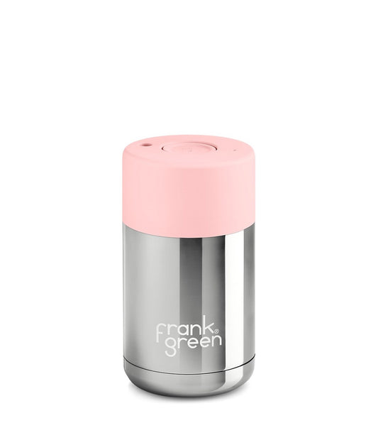 Light Gray frank green™ Chrome Silver Ceramic Reusable Cup With Push Button Lid Blushed Frank Green