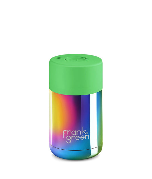 Medium Sea Green frank green™ 10 oz Chrome Rainbow Ceramic Reusable Coffee Cup With Push Button Lid Neon Green Frank Green