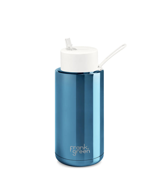 Steel Blue frank green™ Chrome Blue Ceramic Reusable Bottle With Straw Lid Cloud Frank Green