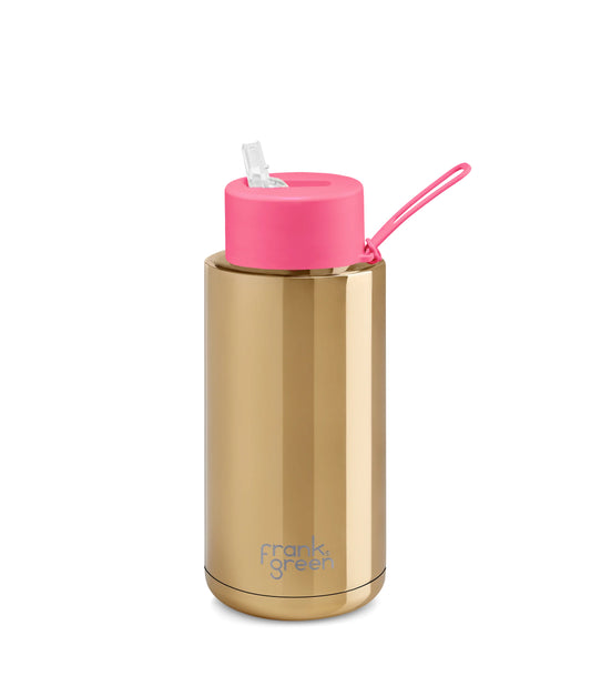 Rosy Brown frank green™ Chrome Gold Ceramic Reusable Bottle With Straw Lid Neon Pink Frank Green