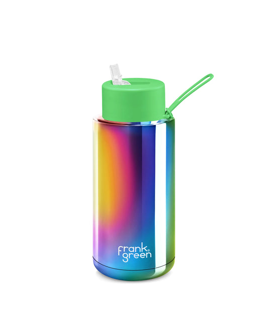 Cadet Blue frank green™ Chrome Rainbow Ceramic Reusable Bottle With Straw Lid Neon Green Frank Green