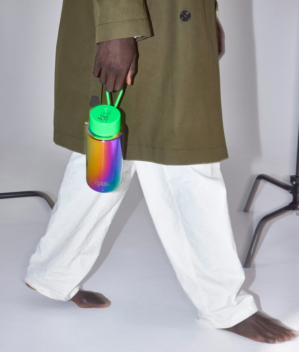 Gray frank green™ Chrome Rainbow Ceramic Reusable Bottle With Straw Lid Neon Green,Cloud Frank Green