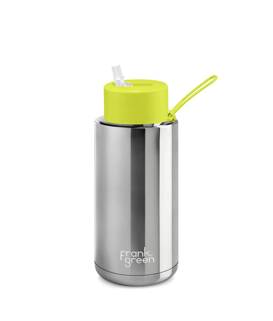 Gray frank green™ Chrome Silver Ceramic Reusable Bottle With Straw Lid Neon Yellow Frank Green